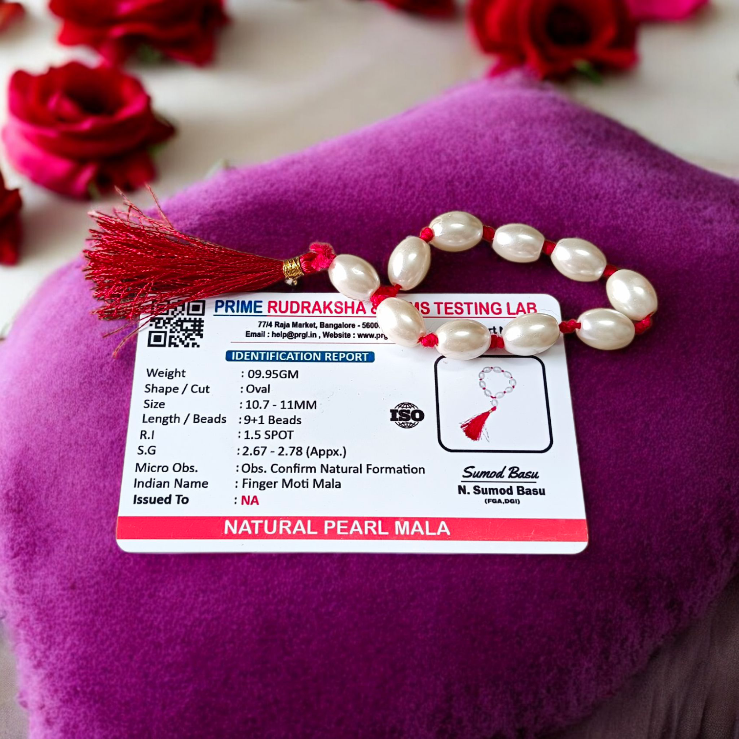 Natural Pearl Finger Mala with 9+1 round white pearls (10–11mm) displayed on a soft background, ideal for chanting and meditation