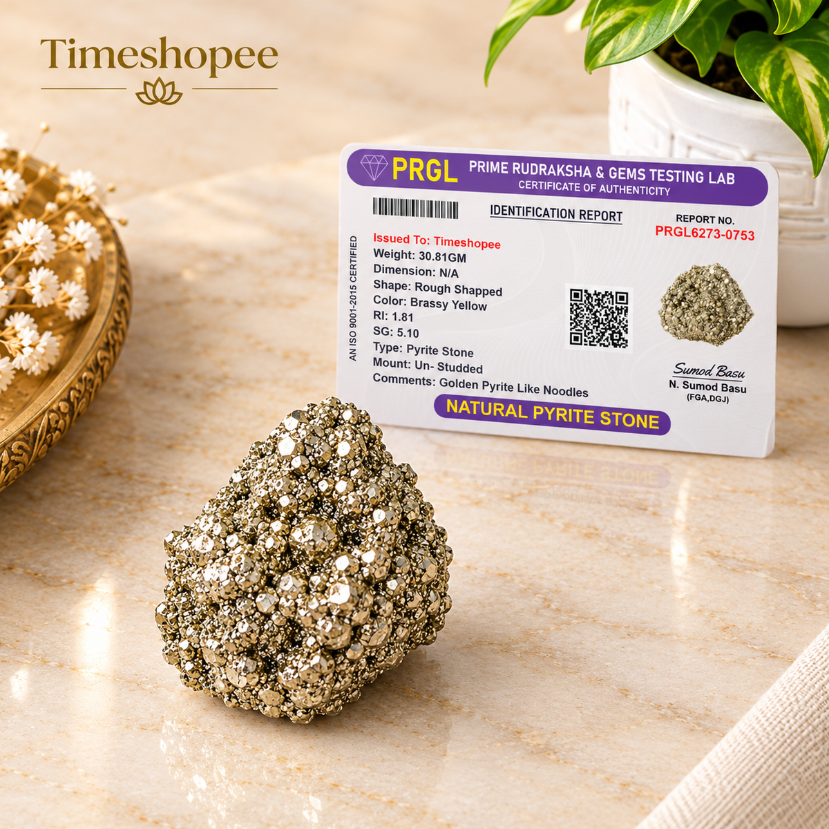 Natural certified raw pyrite crystal cluster for wealth, manifestation, vastu, healing, and protection