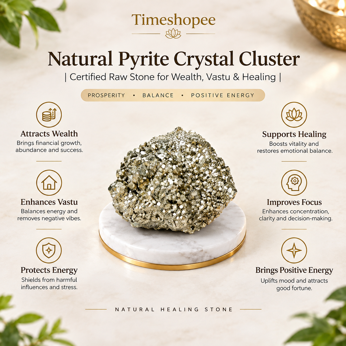 Natural certified raw pyrite crystal cluster for wealth, manifestation, vastu, healing, and protection