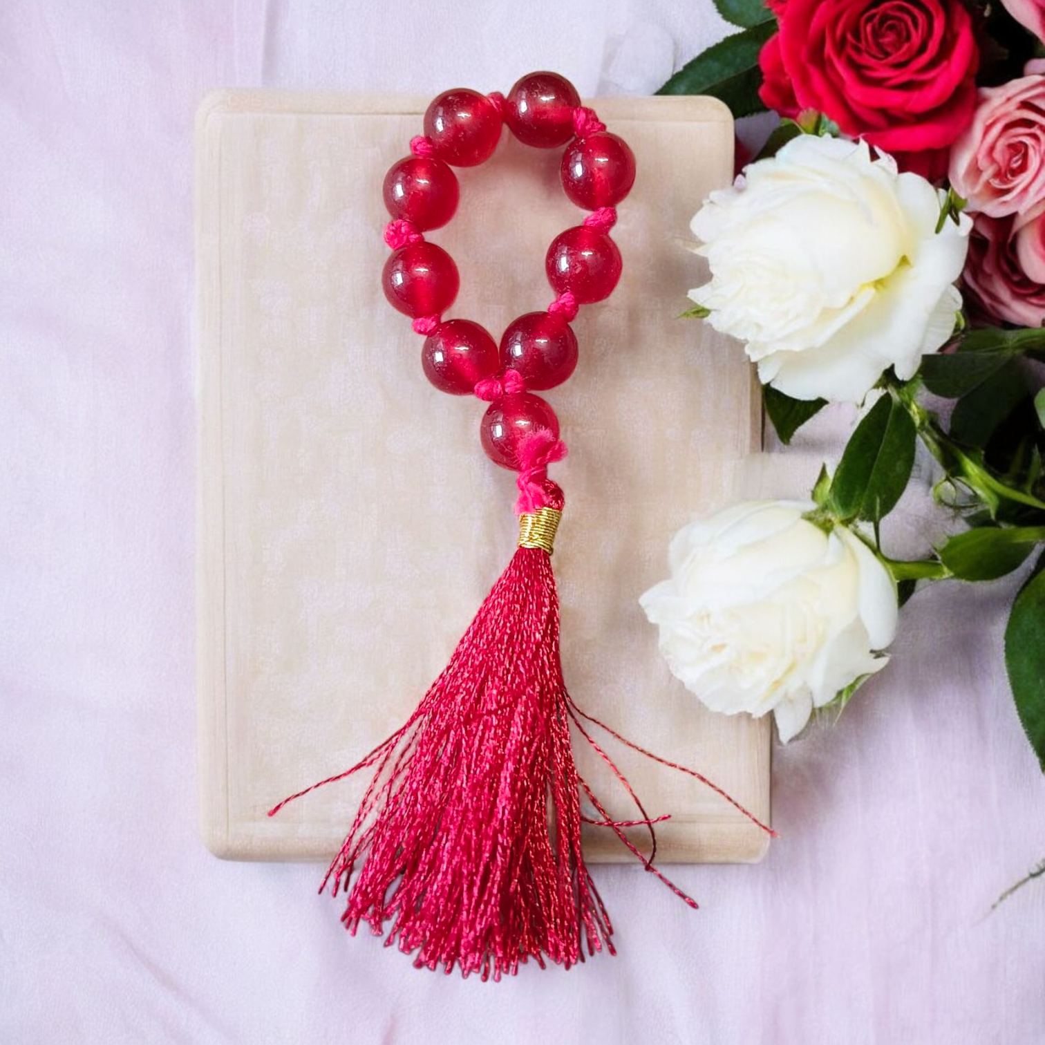 Natural Red Agate Finger Mala 9+1 Beads (Red Hakik), 8mm Size – Lab Certified Healing and Meditation Beads from Timeshopee