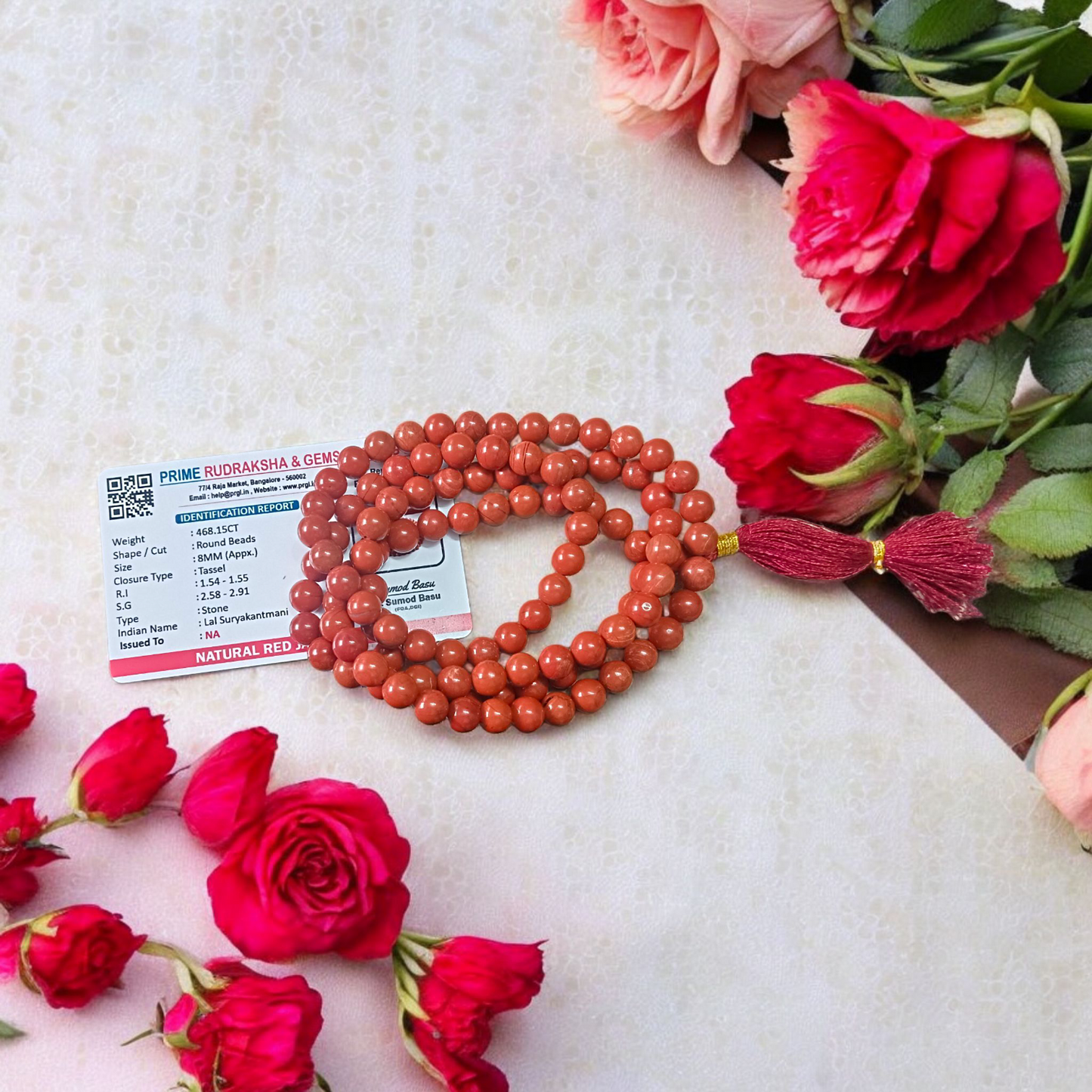 Natural Red Jasper Mala with 108+1 and 27+1 beads, 8mm size, lab-certified, used for meditation and mantra chanting