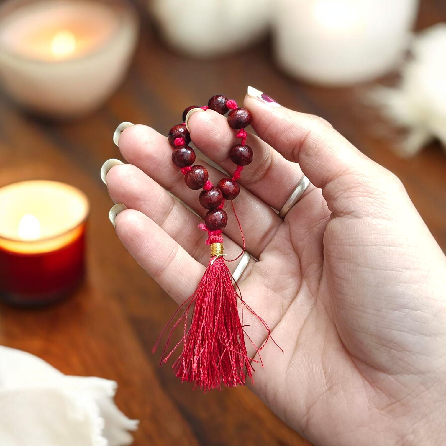 Natural Red Sandalwood (Lal Chandan) Finger Mala 9+1 Beads, 8mm Size – Lab Certified Meditation and Spiritual Practice Beads from Timeshopee