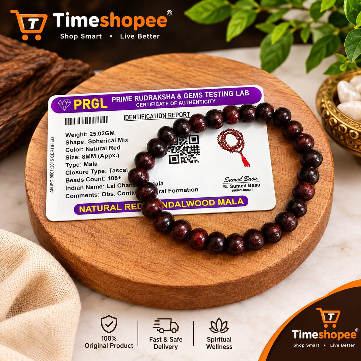 Natural Red Sandalwood Mala & Bracelet Combo | Lal Chandan | Lab Certified