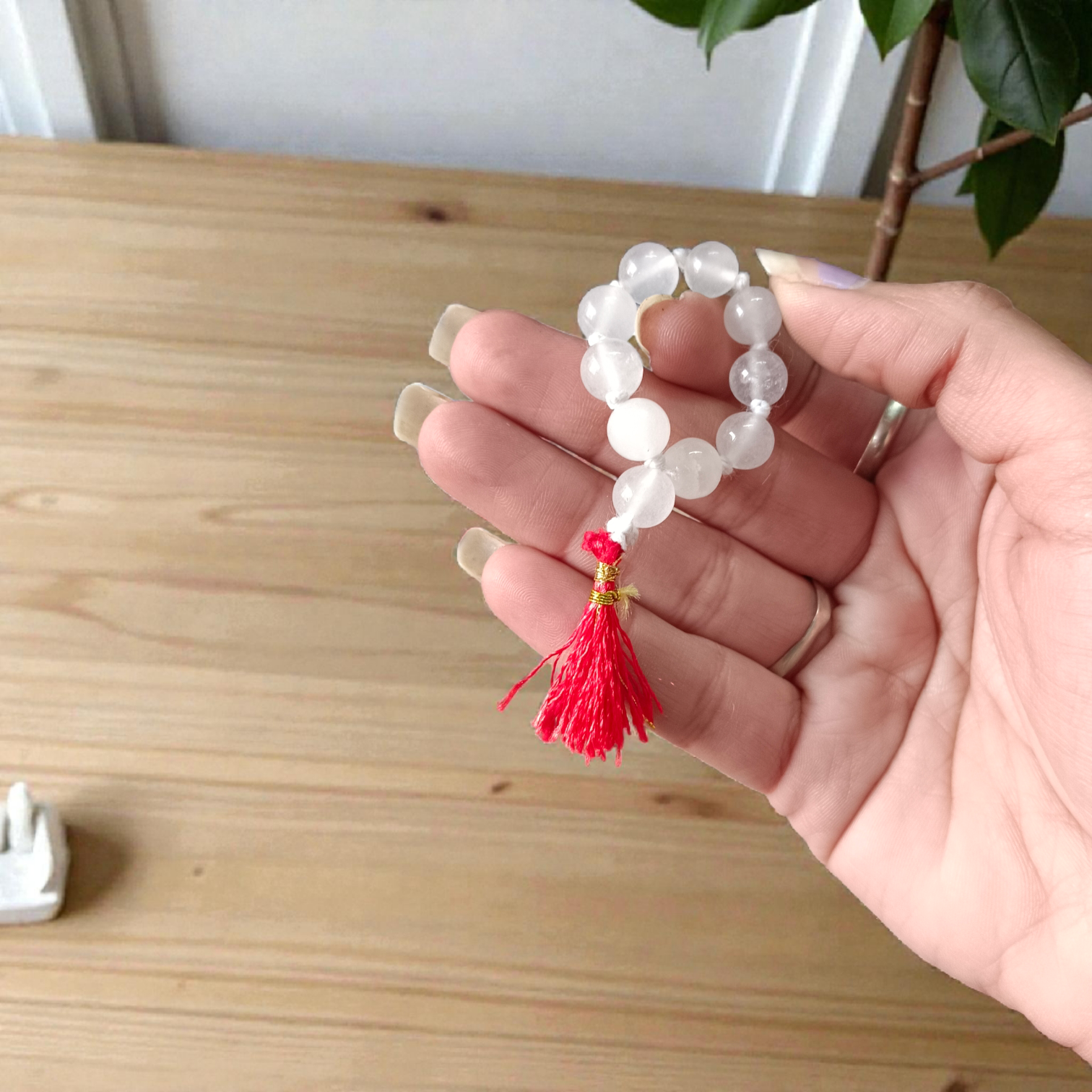 Natural Rock Crystal Finger Mala 9+1 beads, AAA-quality Sphatik 8mm lab-certified mala for meditation, energy healing, and positive vibrations