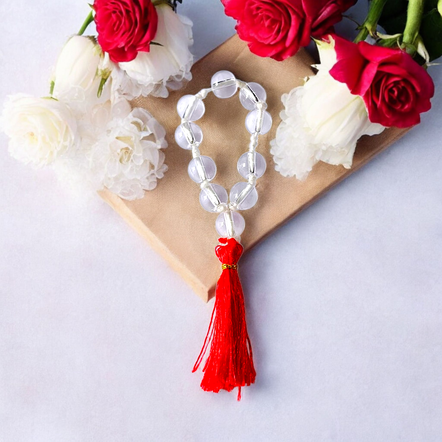 Natural Rock Crystal (Sphatik) Finger Mala with 9+1 transparent crystal beads, 7-8mm size, used for meditation and mental peace