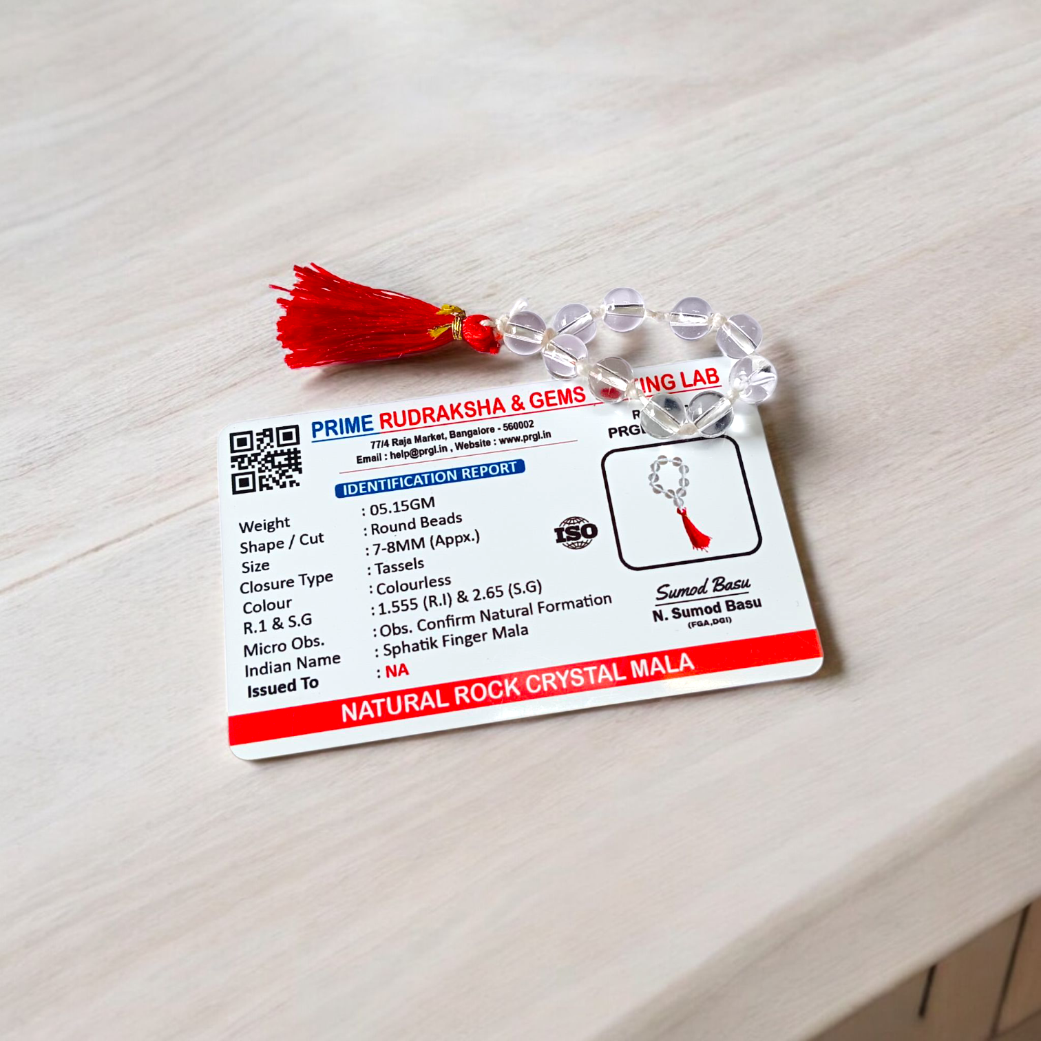 Natural Rock Crystal (Sphatik) Finger Mala with 9+1 transparent crystal beads, 7-8mm size, used for meditation and mental peace