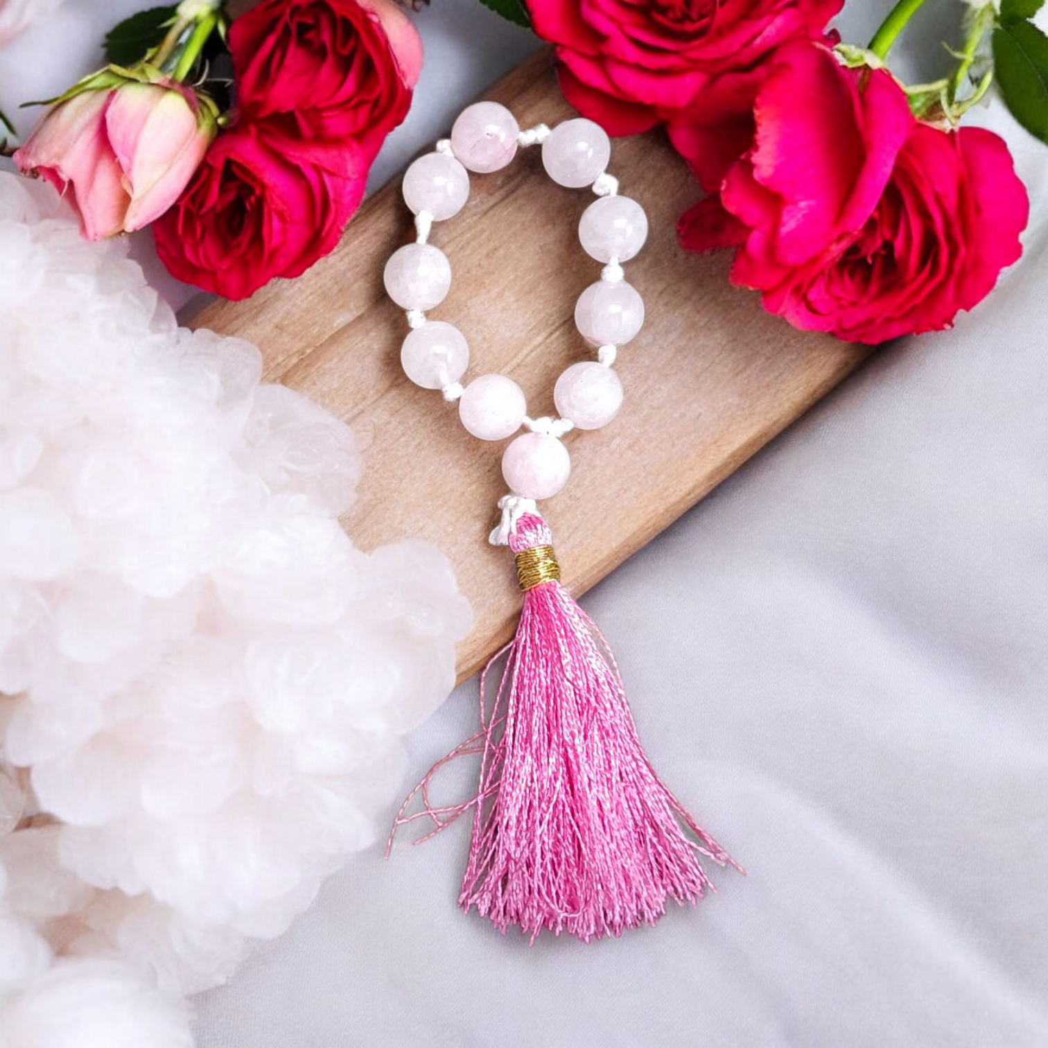 Natural Rose Quartz Finger Mala with 9+1 8mm beads, lab certified, ideal for meditation, mindfulness, and chanting – handcrafted and authentic