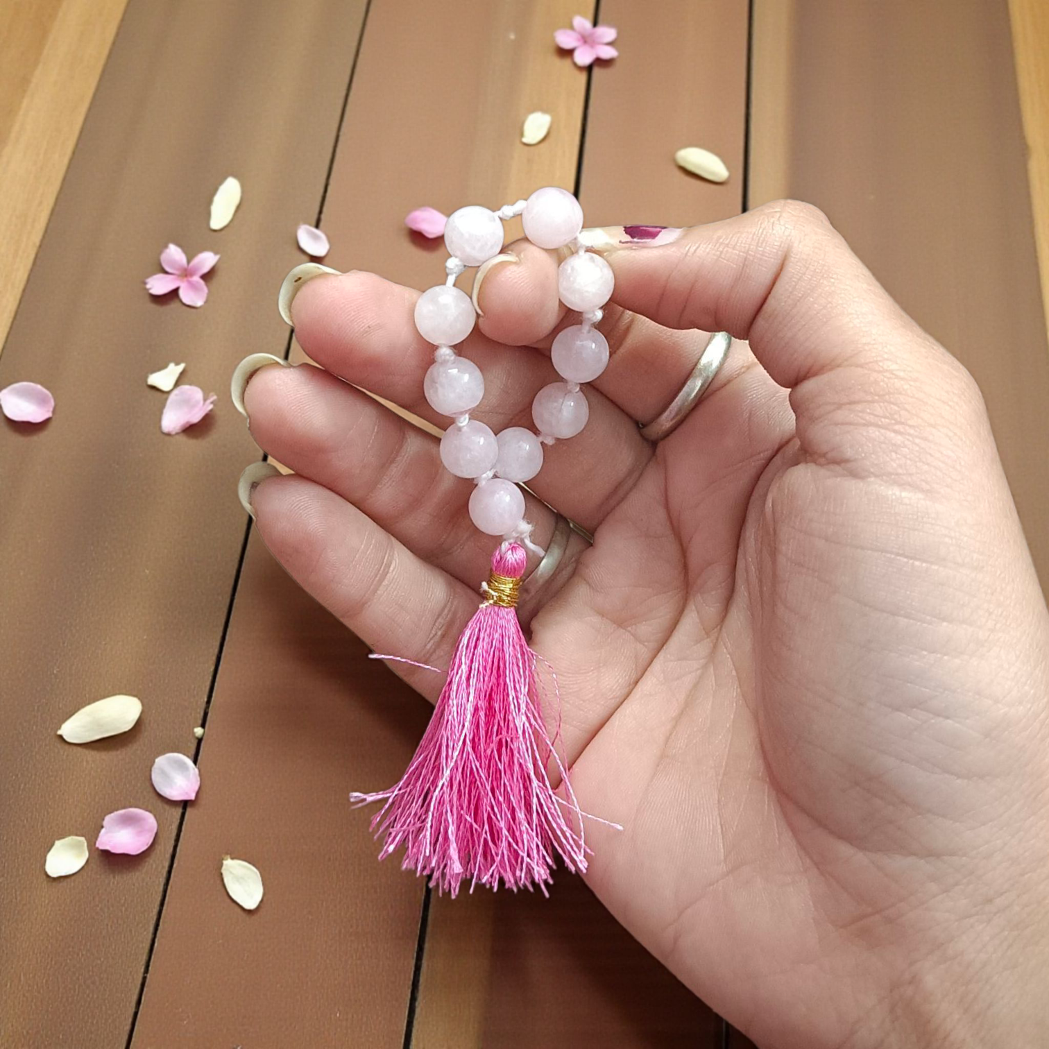 Natural Rose Quartz Finger Mala with 9+1 8mm beads, lab certified, ideal for meditation, mindfulness, and chanting – handcrafted and authentic