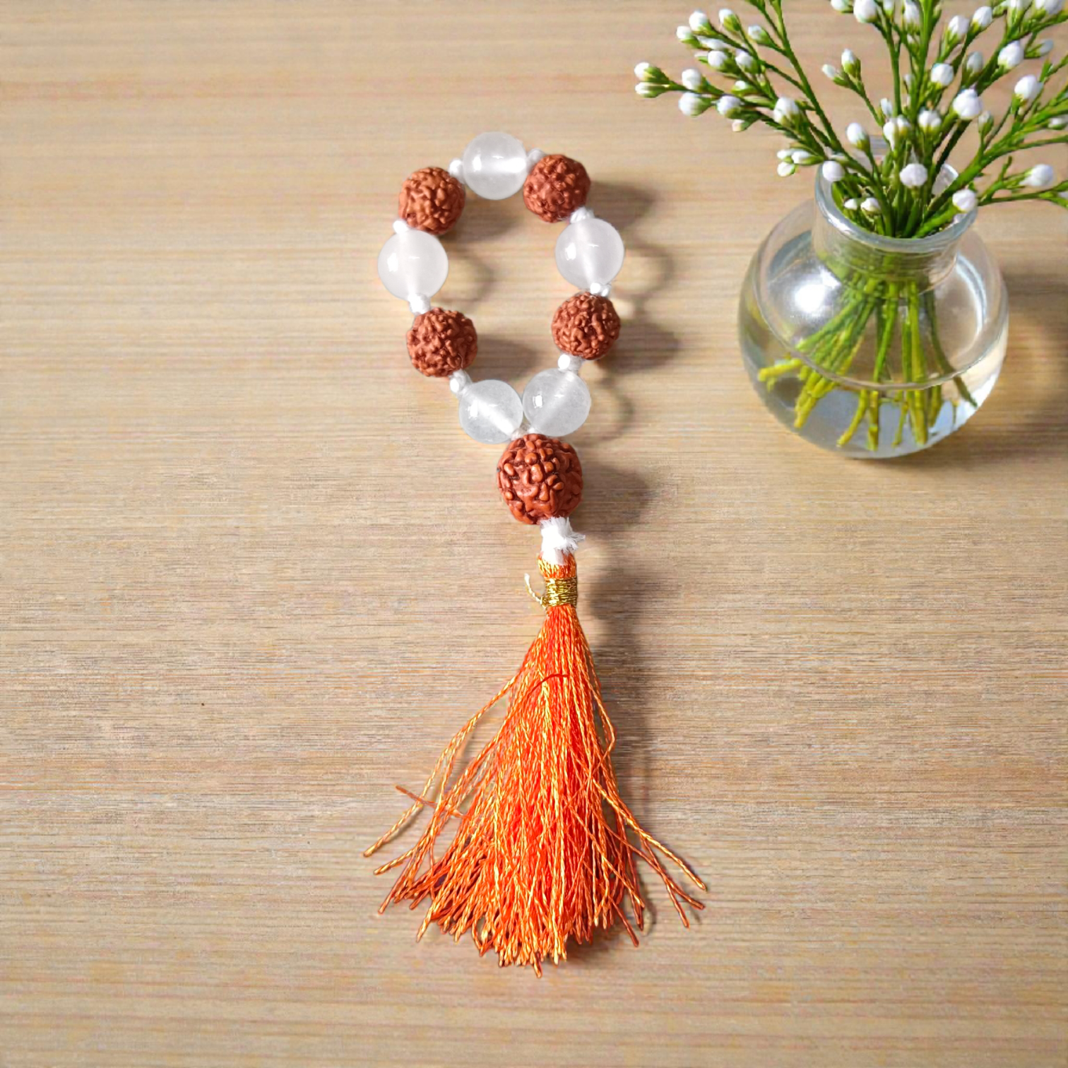 Natural Rudraksha Crystal Finger Mala 9+1 beads with Sphatik, lab-certified spiritual meditation accessory