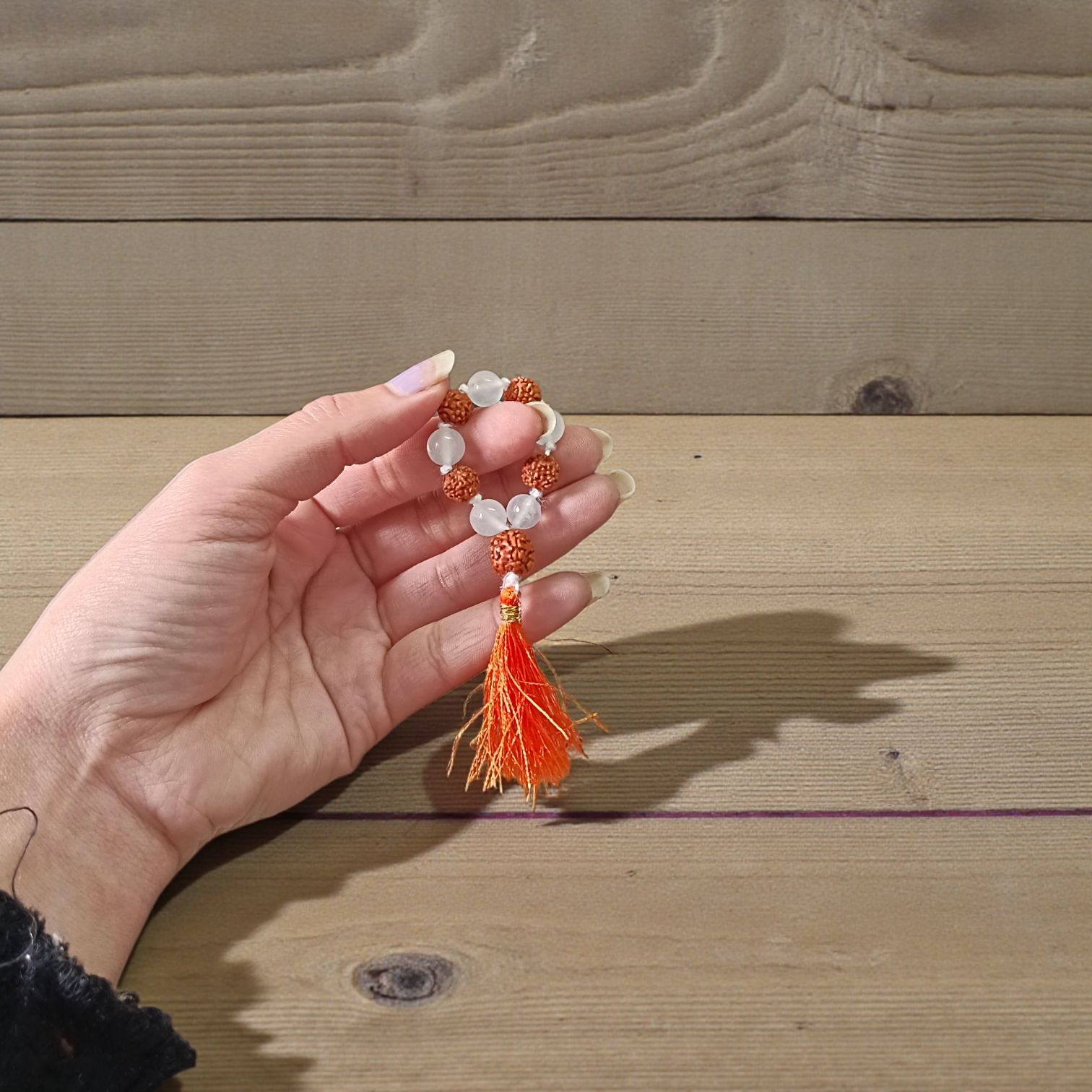 Natural Rudraksha Crystal Finger Mala 9+1 beads with Sphatik, lab-certified spiritual meditation accessory