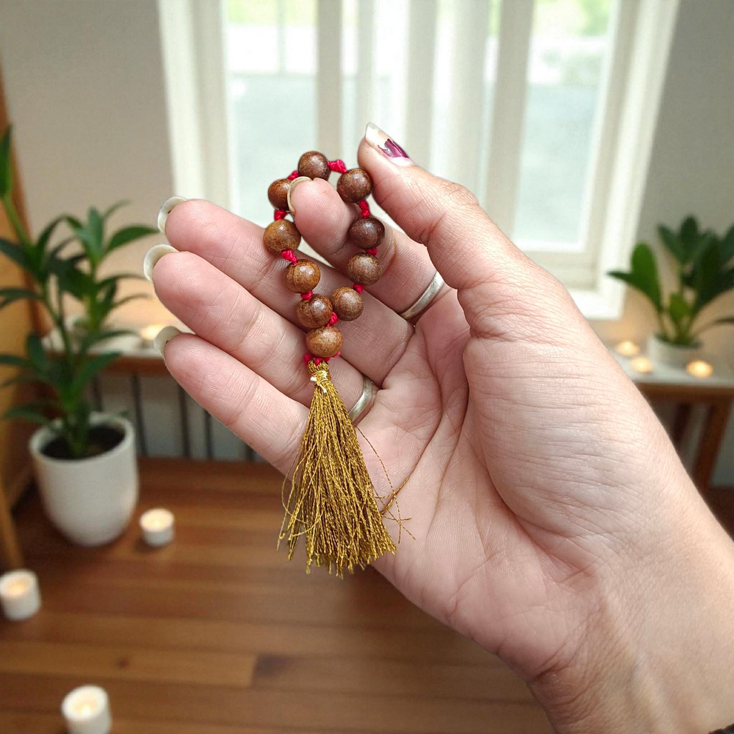 Natural Sandalwood (Chandan) Finger Mala 9+1 Beads, 8mm Size – Lab Certified Meditation and Energy Balancing Beads from Timeshopee