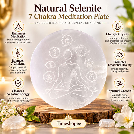 Natural Selenite 7 Chakra Meditation Plate for Reiki healing, chakra balancing, crystal charging, and Pooja rituals