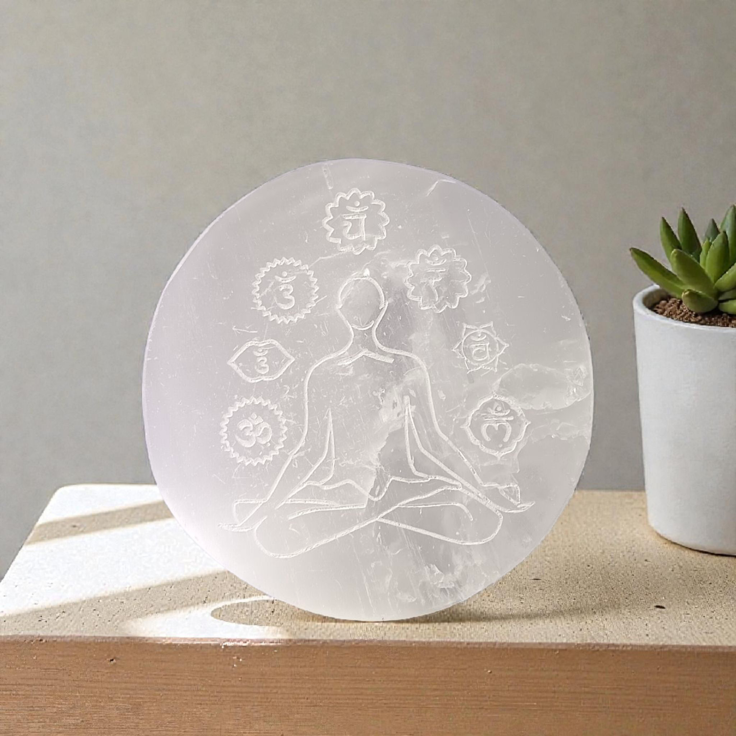 Natural Selenite 7 Chakra Meditation Plate for Reiki healing, chakra balancing, crystal charging, and Pooja rituals