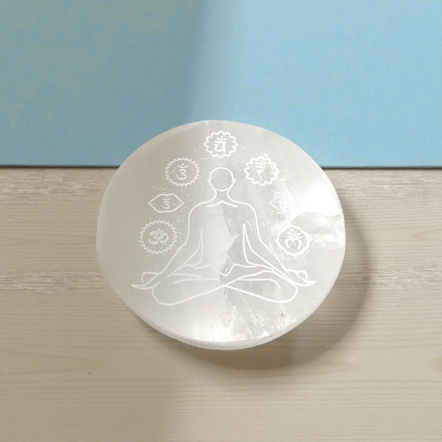 Natural Selenite 7 Chakra Meditation Plate for Reiki healing, chakra balancing, crystal charging, and Pooja rituals