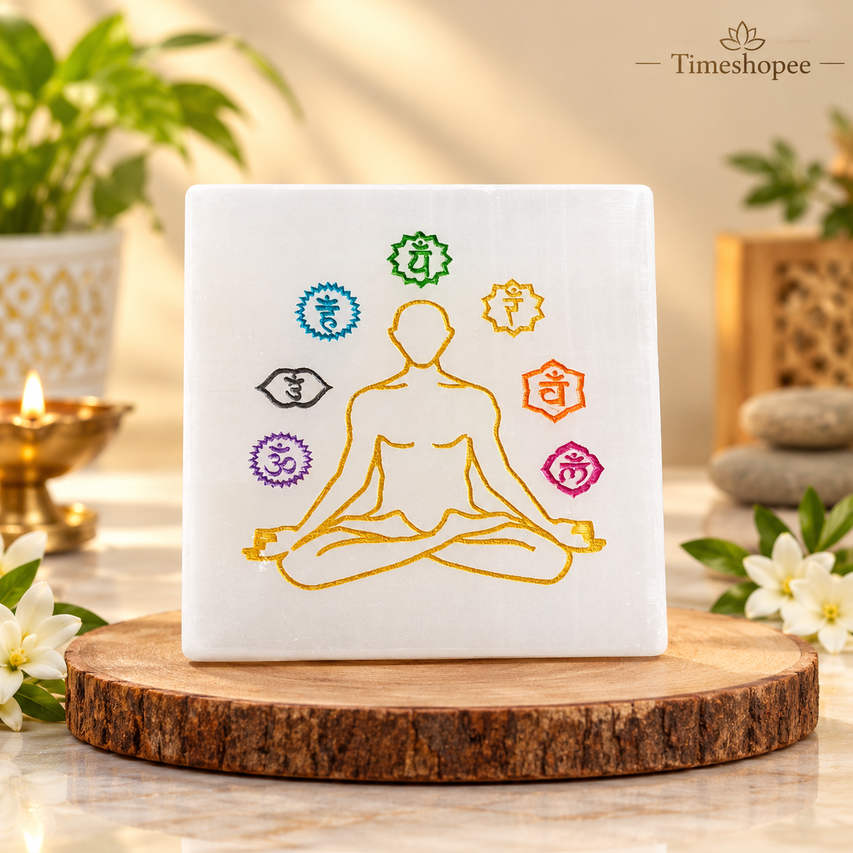 Natural Selenite Charging Plate with 7 Chakra engraving for energy cleansing, crystal charging, and meditation