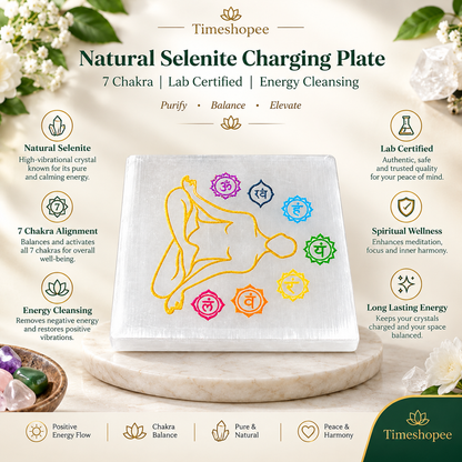 Natural Selenite Charging Plate with 7 Chakra engraving for energy cleansing, crystal charging, and meditation