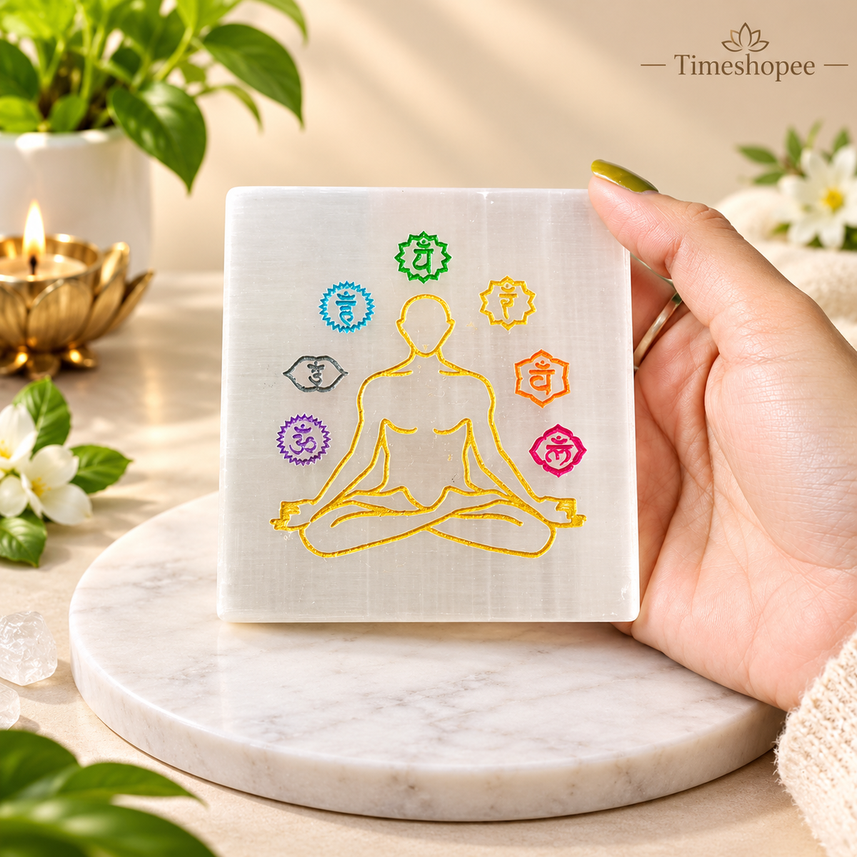 Natural Selenite Charging Plate with 7 Chakra engraving for energy cleansing, crystal charging, and meditation
