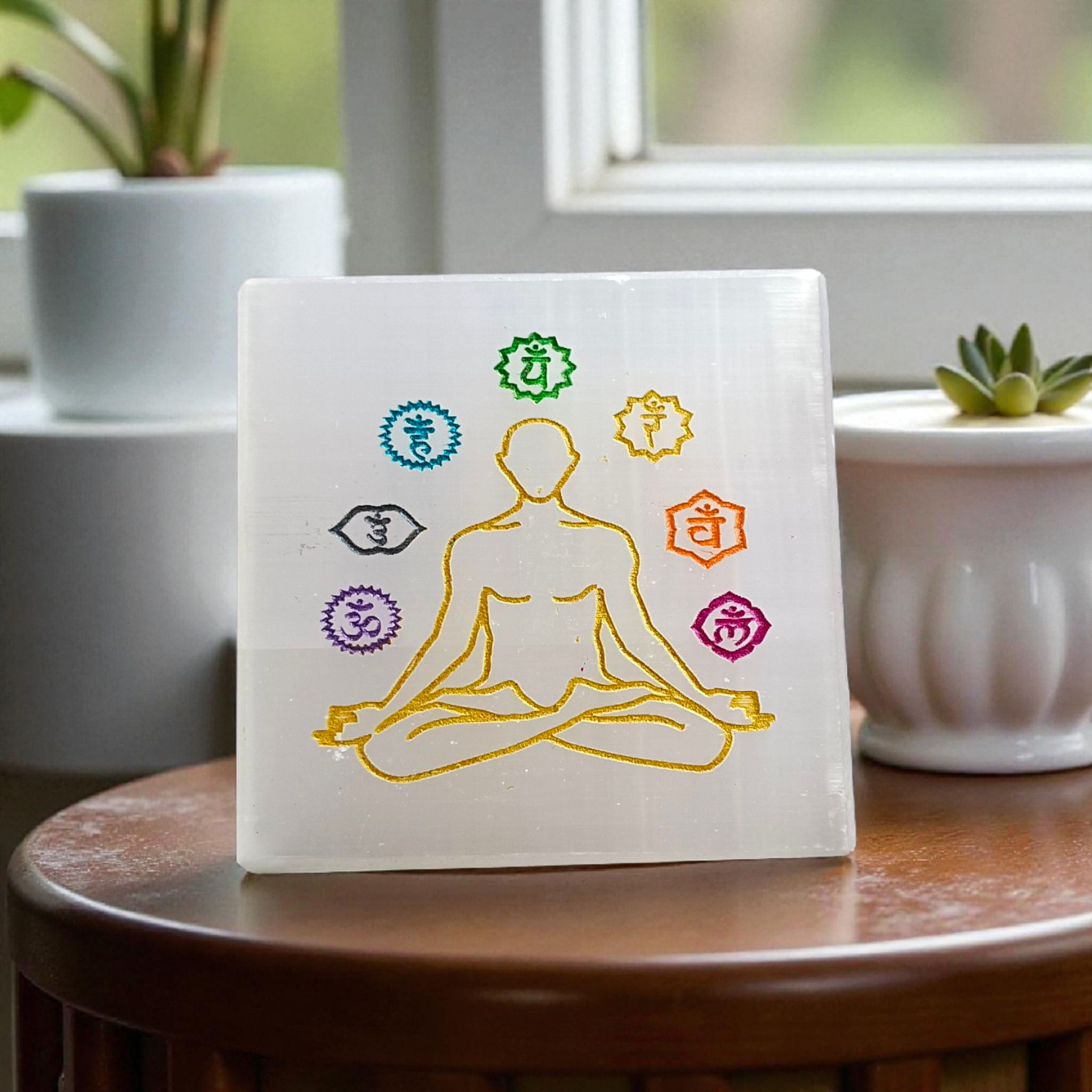 Natural Selenite Charging Plate with 7 Chakra engraving for energy cleansing, crystal charging, and meditation