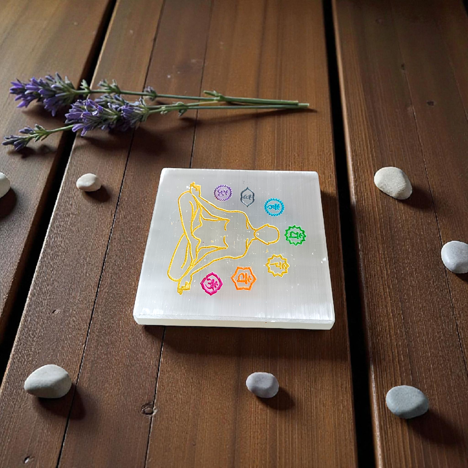 Natural Selenite Charging Plate with 7 Chakra engraving for energy cleansing, crystal charging, and meditation
