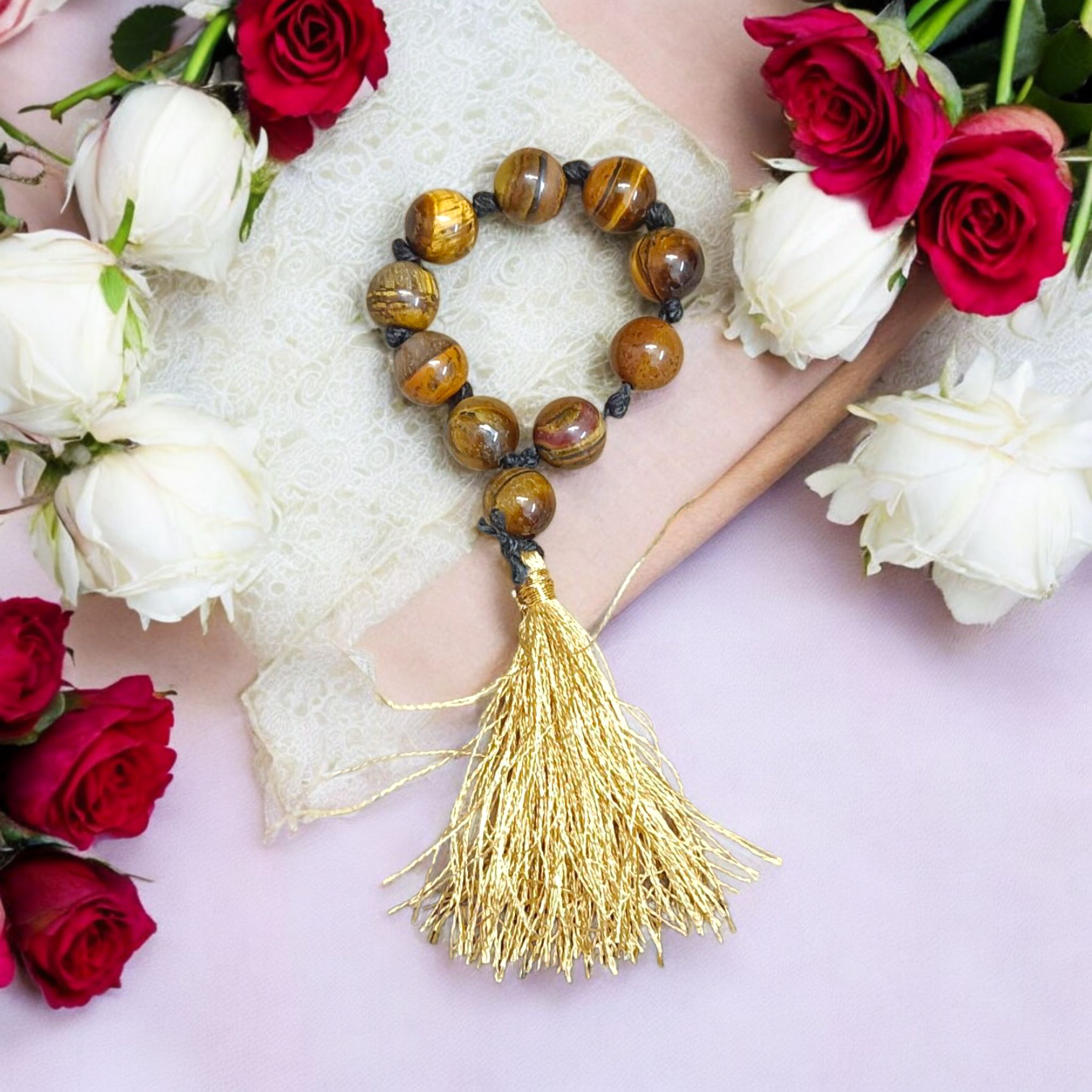 Natural Tiger Eye Finger Mala 9+1 Beads, 8mm Size – Lab Certified Meditation and Chanting Stone Beads for Strength and Focus from Timeshopee