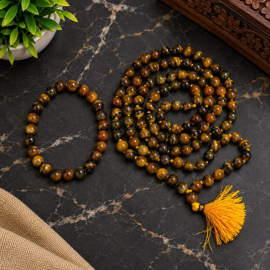 Natural Tiger Eye Mala and Bracelet Combo Lab Certified for Meditation Mantra Jaap Daily Wear