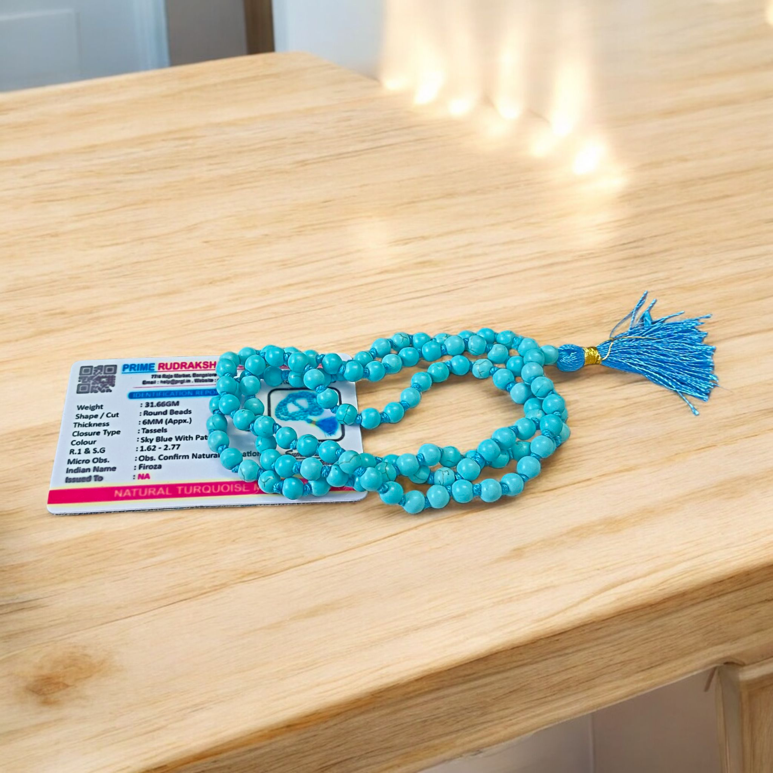 Natural Turquoise (Firoza) Mala with 108+1 round beads (6mm), used for meditation, healing, and spiritual protection