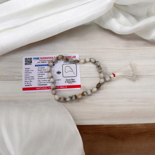 Natural Vaijanti Mala with Lab Certificate, featuring 27+1 beads, displayed in a protective pouch, ideal for jaap and meditation.