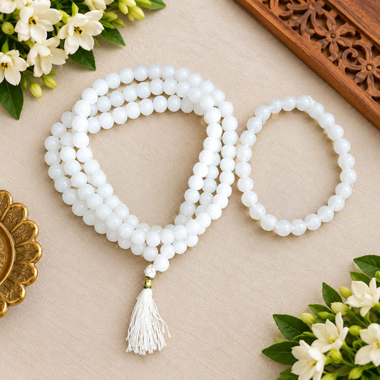 Natural White Agate Mala and Bracelet Combo Lab Certified White Hakik Beads for Meditation and Daily Wear