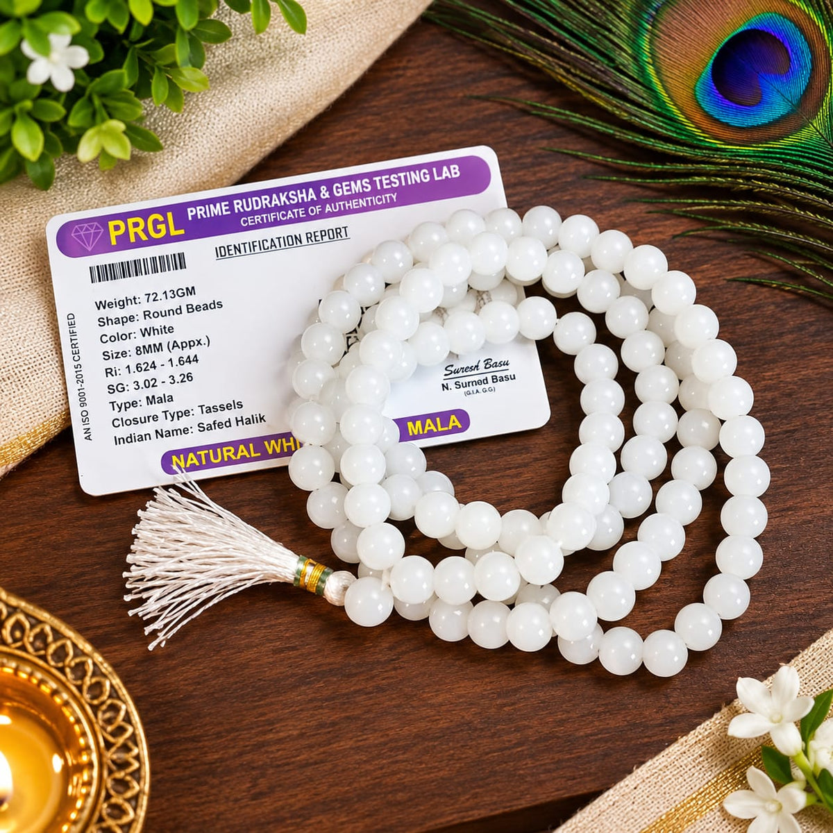 Natural White Agate Mala and Bracelet Combo Lab Certified White Hakik Beads for Meditation and Daily Wear