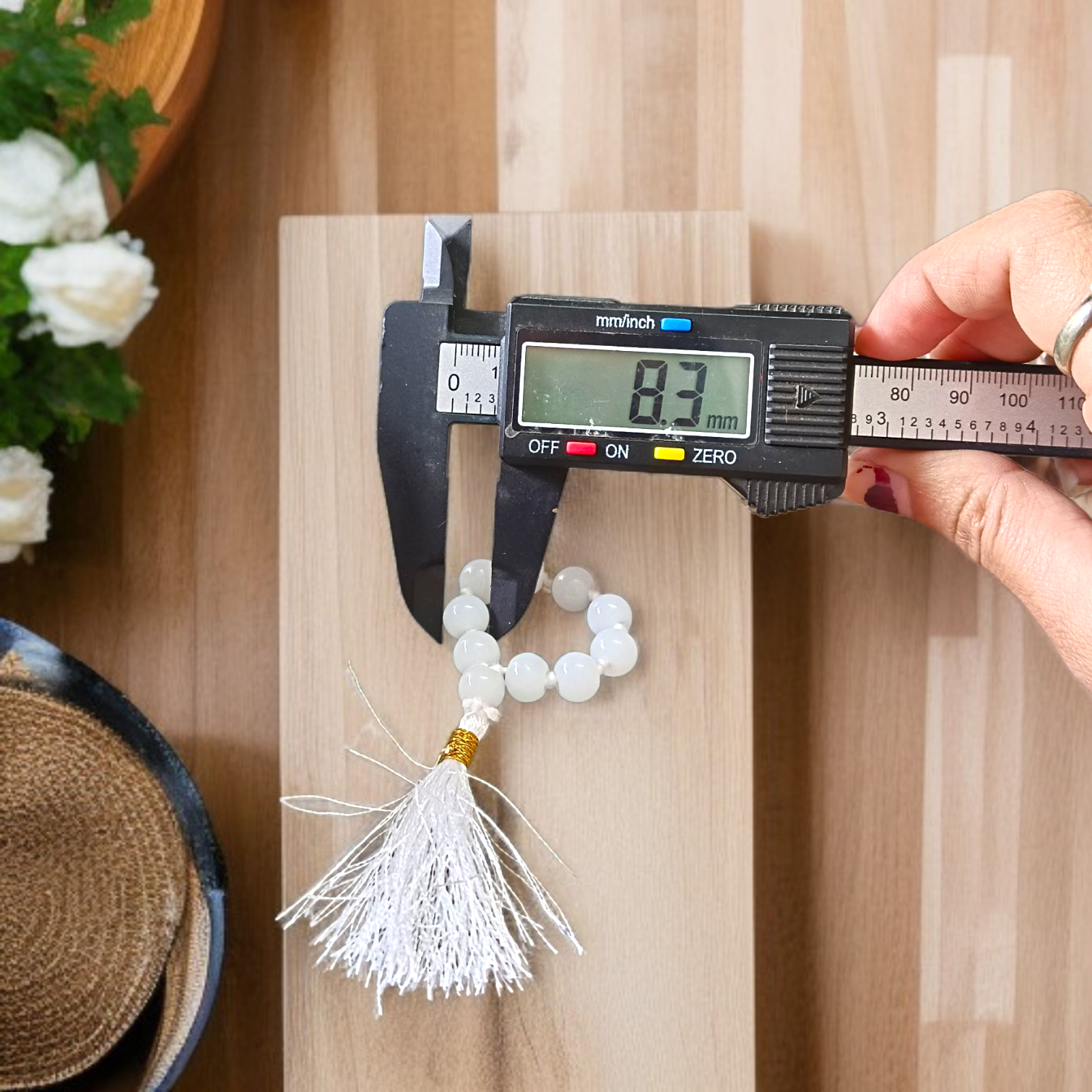 Natural White Agate (Safed Hakik) Finger Mala with 9+1 polished white beads, 8mm size, used for meditation, chanting, and healing by men and women