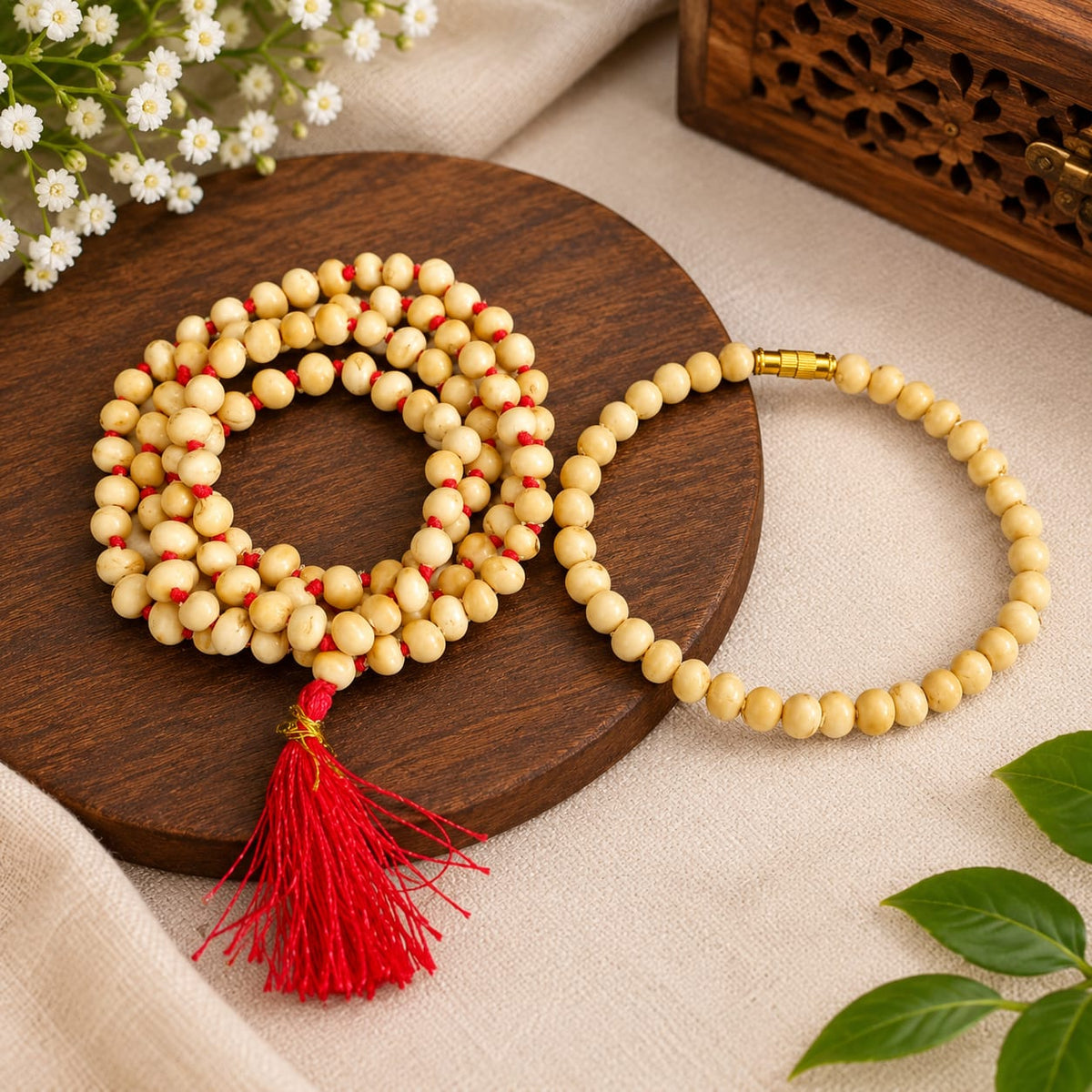 Natural White Gunja Mala and Bracelet Combo Lab Certified Spiritual Protection