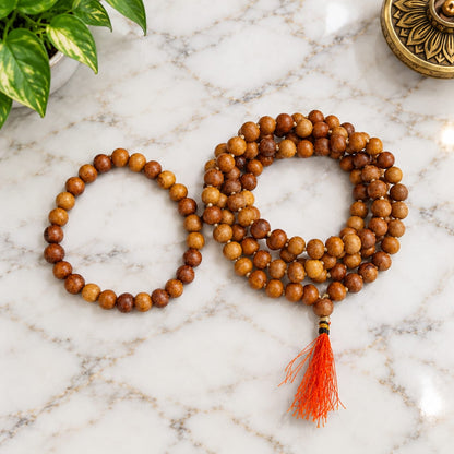 Natural White Sandalwood Mala and Bracelet Combo Lab Certified for Meditation, Chanting, Healing and Daily Wear