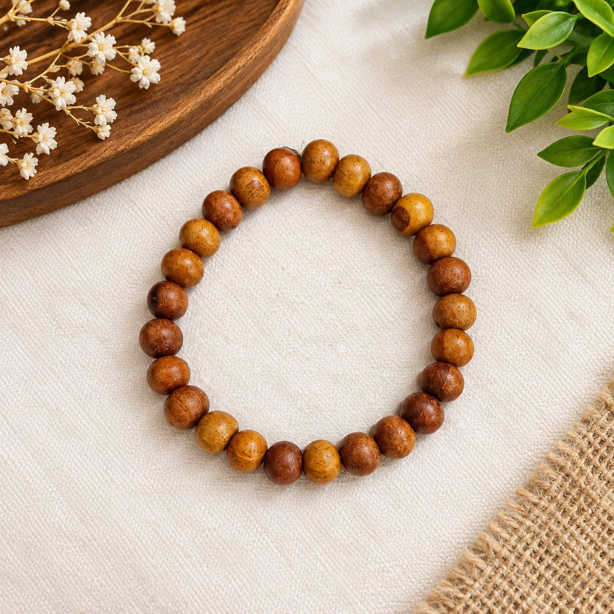 Natural White Sandalwood Mala and Bracelet Combo Lab Certified for Meditation, Chanting, Healing and Daily Wear