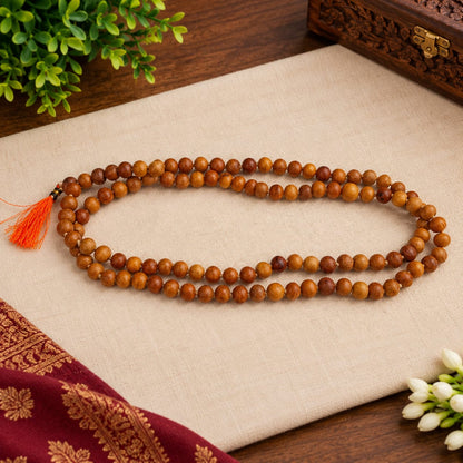 Natural White Sandalwood Mala and Bracelet Combo Lab Certified for Meditation, Chanting, Healing and Daily Wear