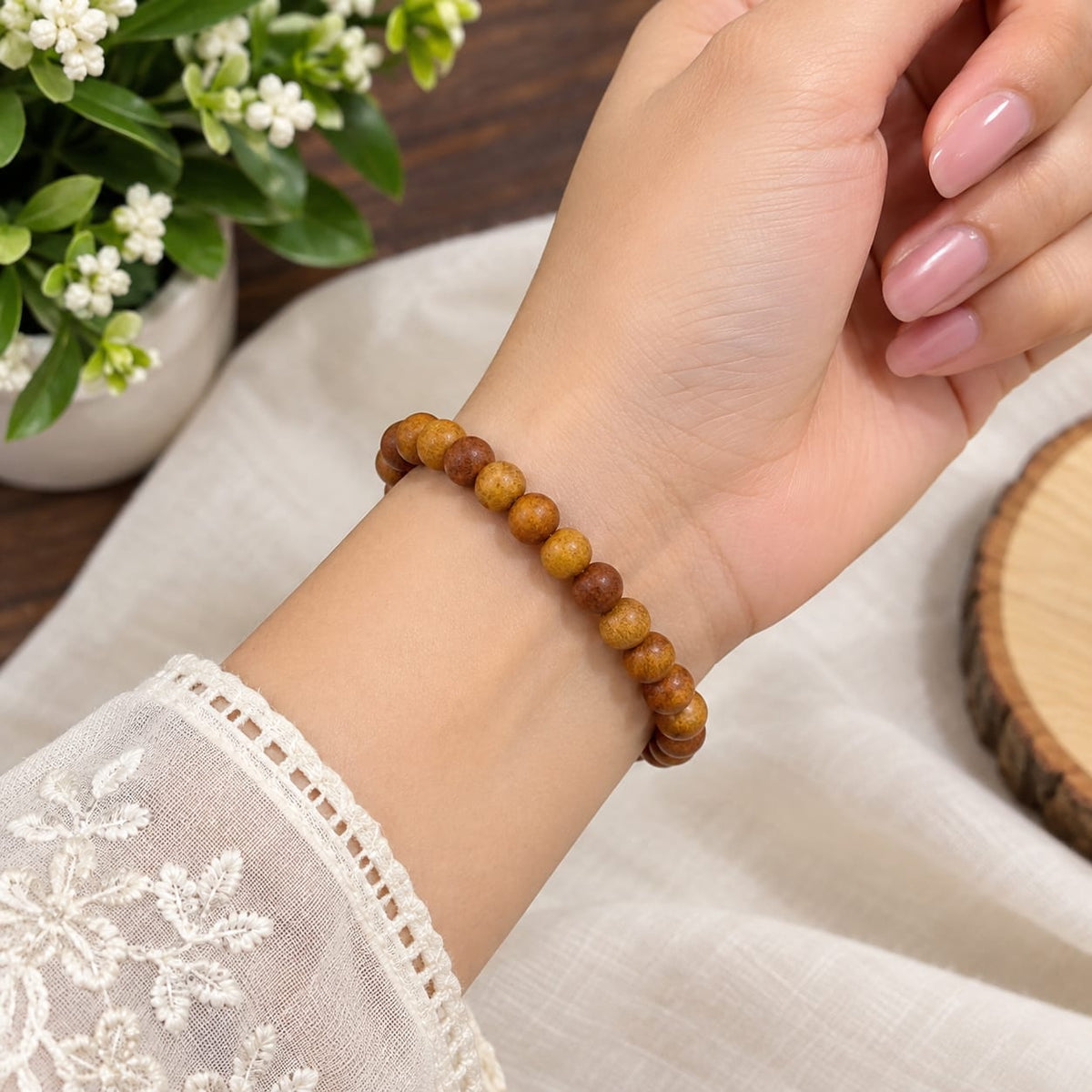 Natural White Sandalwood Mala and Bracelet Combo Lab Certified for Meditation, Chanting, Healing and Daily Wear