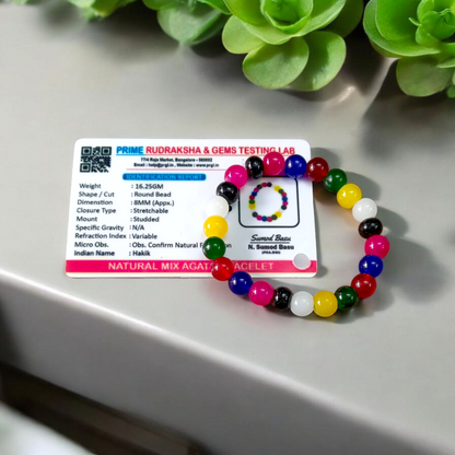 Natural multicolor agate (Hakik) bracelet made with 8mm round beads on a stretchable string, displayed on a neutral background
