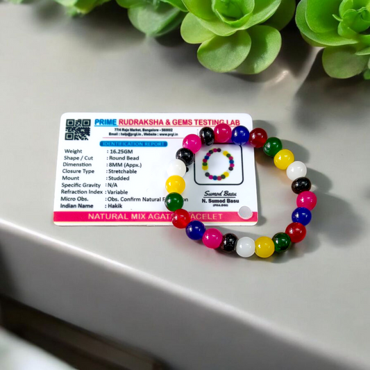 Natural multicolor agate (Hakik) bracelet made with 8mm round beads on a stretchable string, displayed on a neutral background