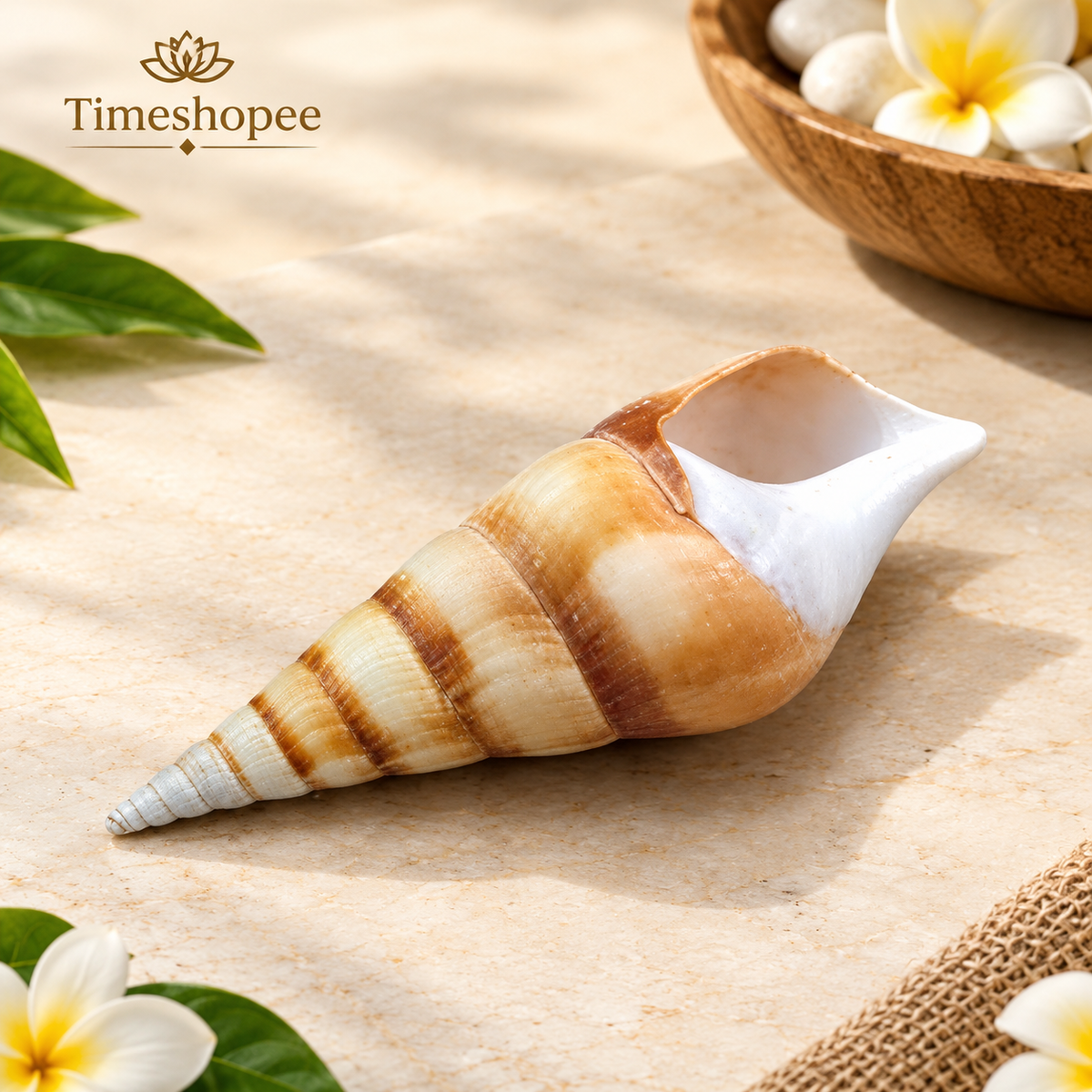 Natural sea shell Shankh (Sippi) used in pooja and Vastu, white spiral conch shell placed on a sacred cloth