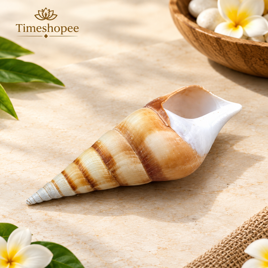 Natural sea shell Shankh (Sippi) used in pooja and Vastu, white spiral conch shell placed on a sacred cloth