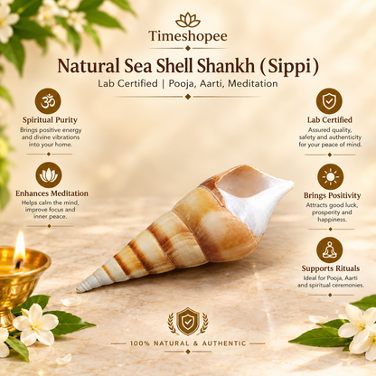Natural sea shell Shankh (Sippi) used in pooja and Vastu, white spiral conch shell placed on a sacred cloth