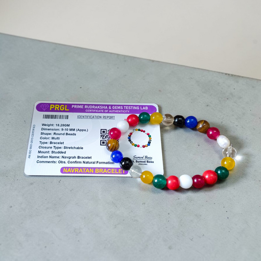 Navratan Bracelet 9-10mm Stretchable Lab Certified Nine Gemstone Astrology Bracelet