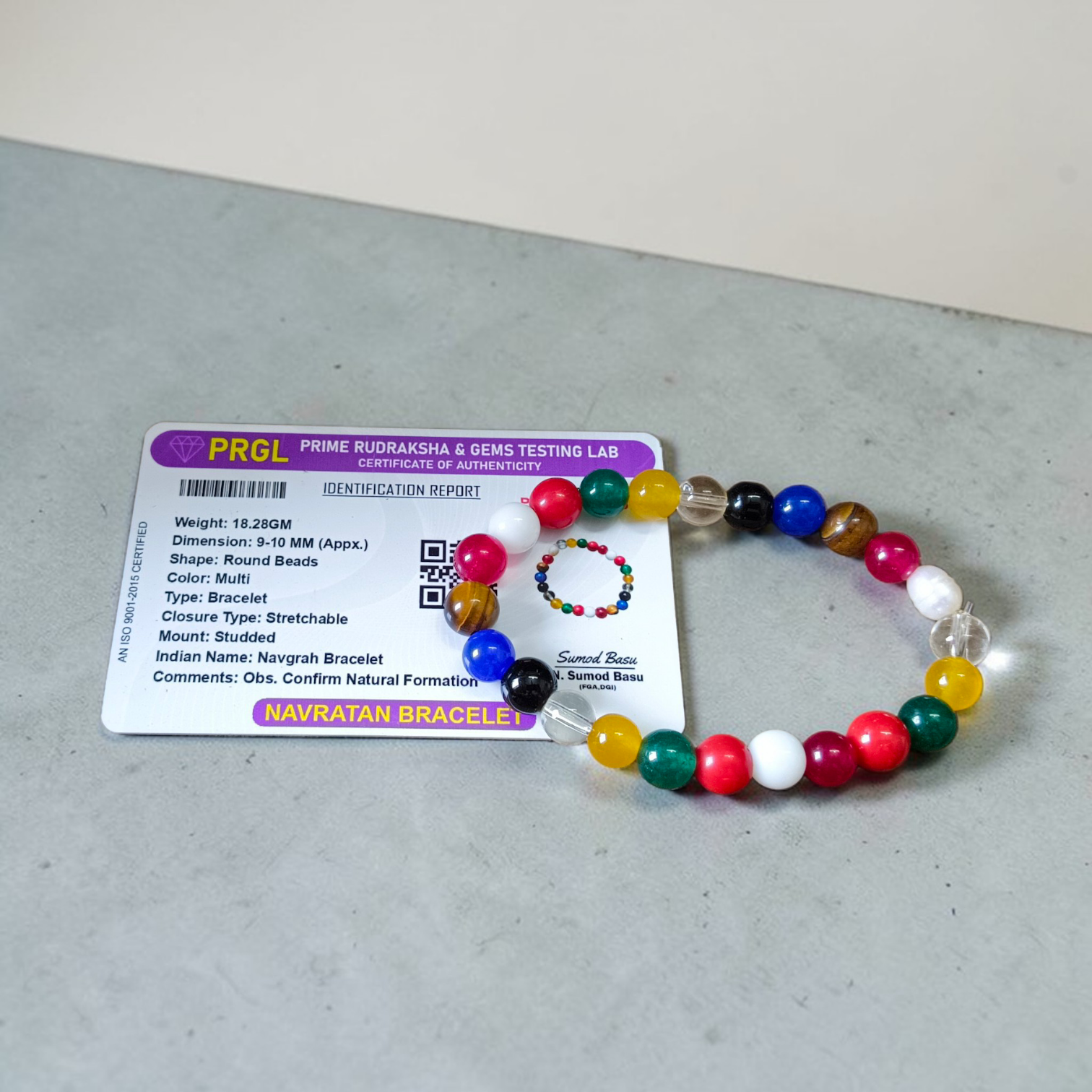 Navratan Bracelet 9-10mm Stretchable Lab Certified Nine Gemstone Astrology Bracelet