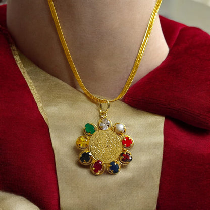Navratna Locket with Shri Yantra - Gold Pendant with Gold Plated Chain from Timeshopee