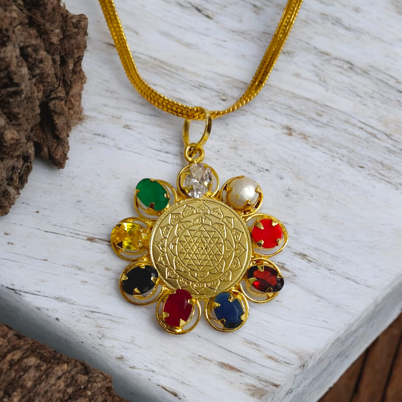 Navratna Locket with Shri Yantra - Gold Pendant with Gold Plated Chain from Timeshopee