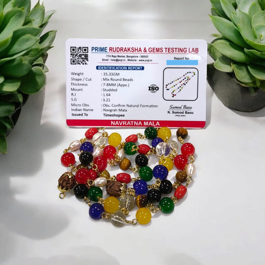 Navratna Mala with Rudraksh beads, featuring lab-certified gemstones for astrological balance and spiritual enhancement.