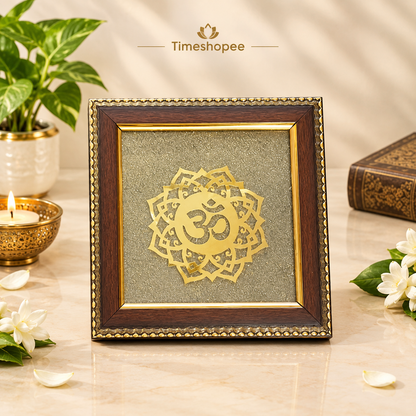 Om Shanti Yantra on Raw Pyrite Wall Frame – 7x7 Inch Wooden Vastu Decor for Meditation, Yoga, Pooja Room, and Office