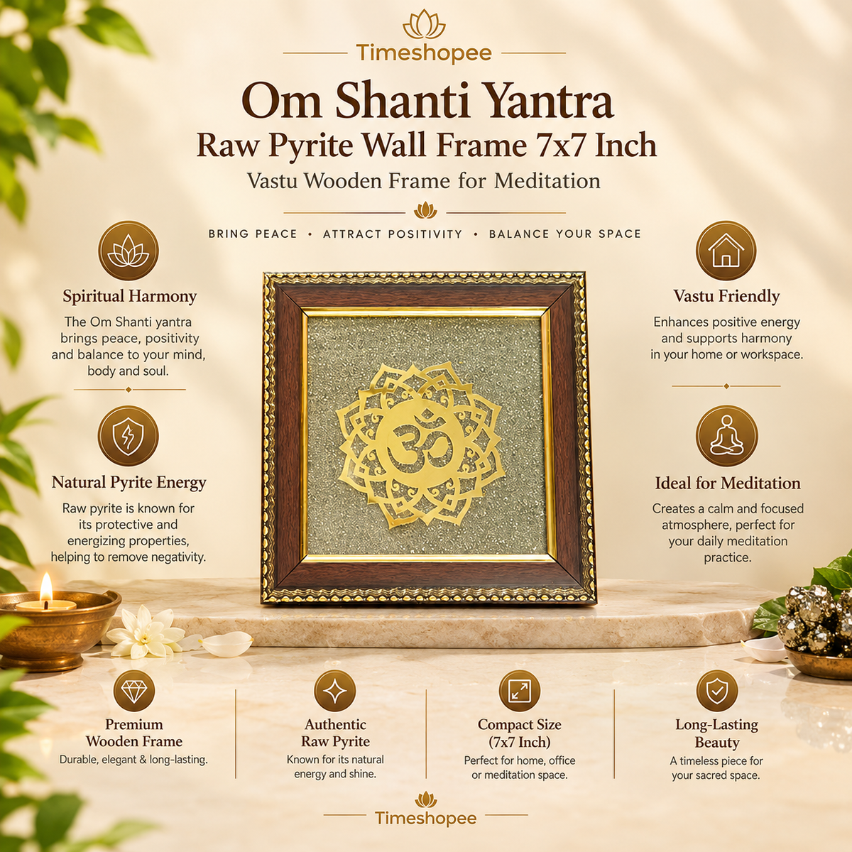 Om Shanti Yantra on Raw Pyrite Wall Frame – 7x7 Inch Wooden Vastu Decor for Meditation, Yoga, Pooja Room, and Office
