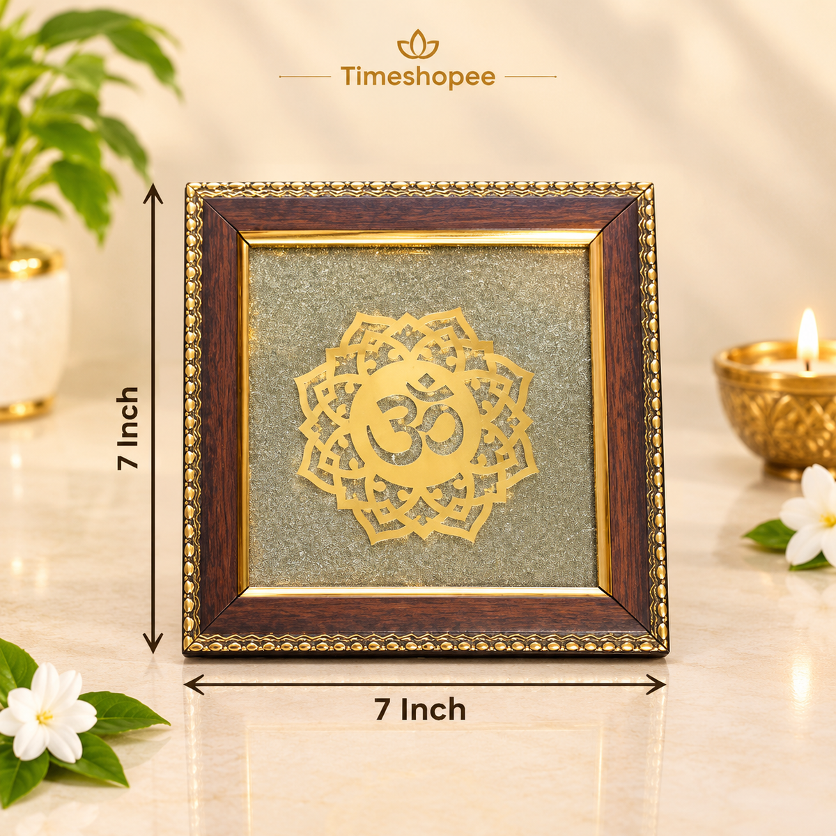 Om Shanti Yantra on Raw Pyrite Wall Frame – 7x7 Inch Wooden Vastu Decor for Meditation, Yoga, Pooja Room, and Office
