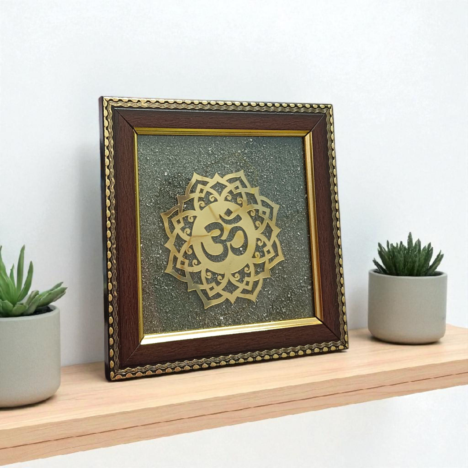 Om Shanti Yantra on Raw Pyrite Wall Frame – 7x7 Inch Wooden Vastu Decor for Meditation, Yoga, Pooja Room, and Office
