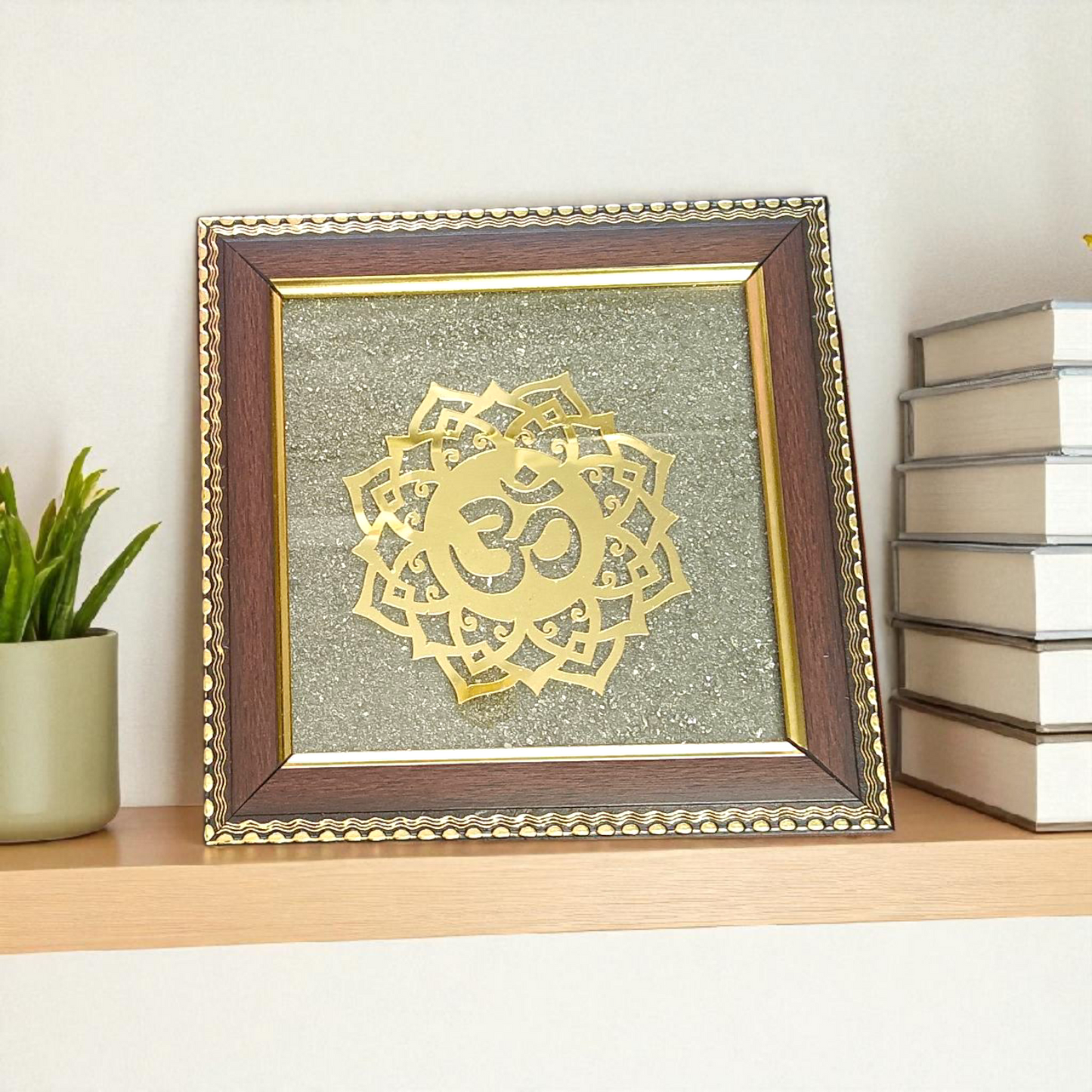 Om Shanti Yantra on Raw Pyrite Wall Frame – 7x7 Inch Wooden Vastu Decor for Meditation, Yoga, Pooja Room, and Office